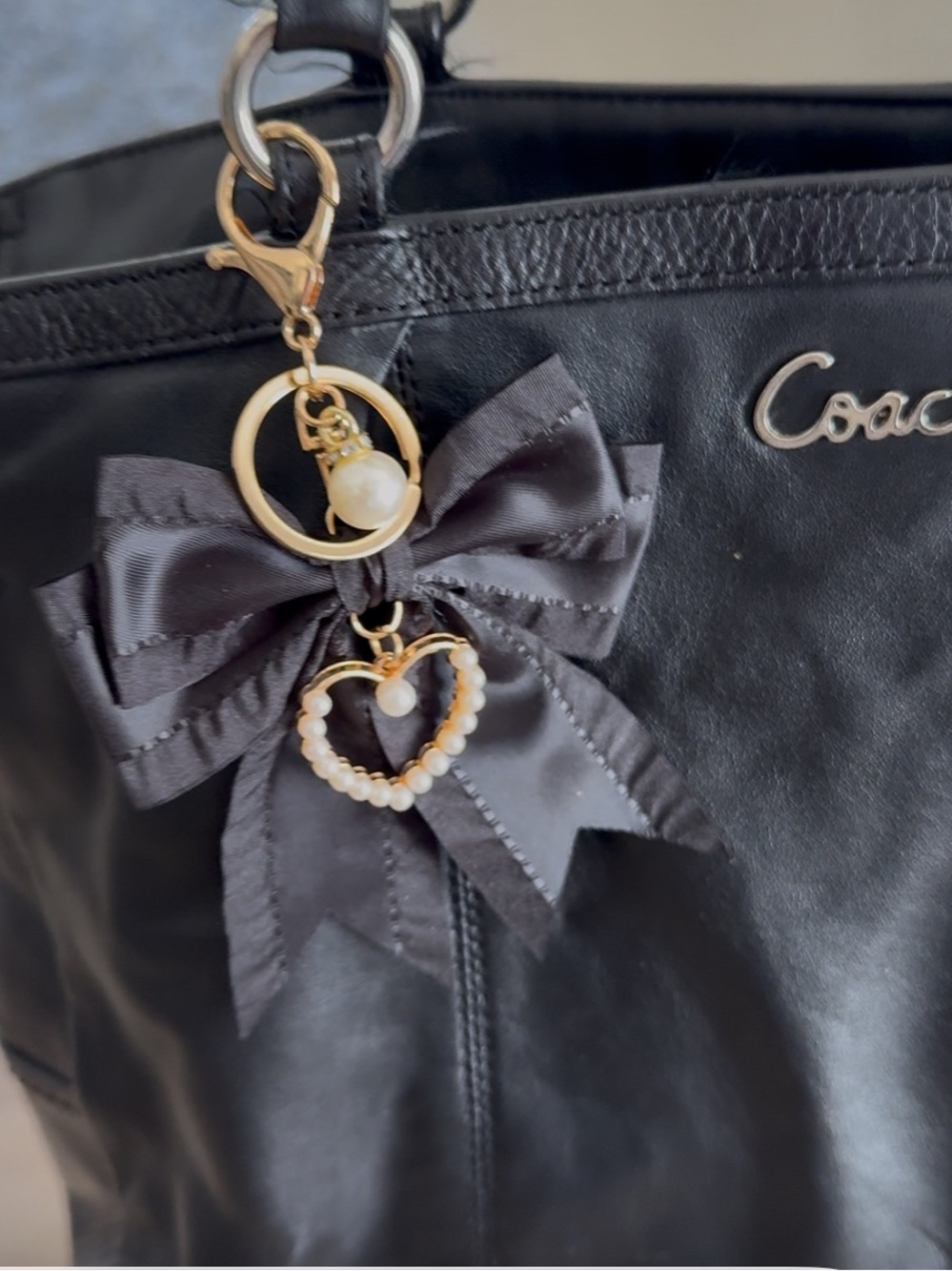 Elegant Black Ribbon Bow Keychain/bag charm with Pearl Heart Accent